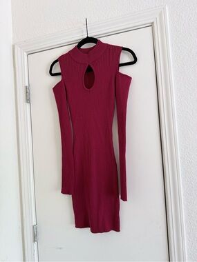 Say What? Raspberry Ribbed Cutout Cold-Shoulder Long Sleeve Dress